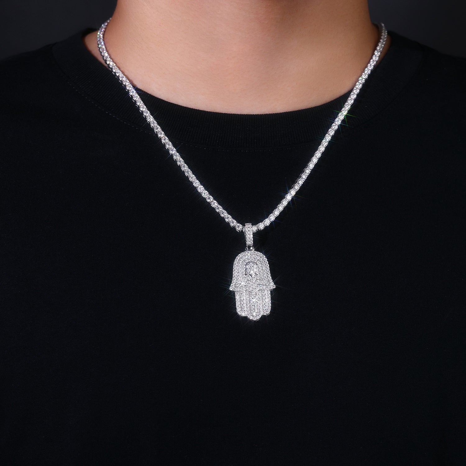Men's Moissanite Hip-Hop Palm Pendant S925 Silver Plated with 18K White Gold (Necklace Not Included)