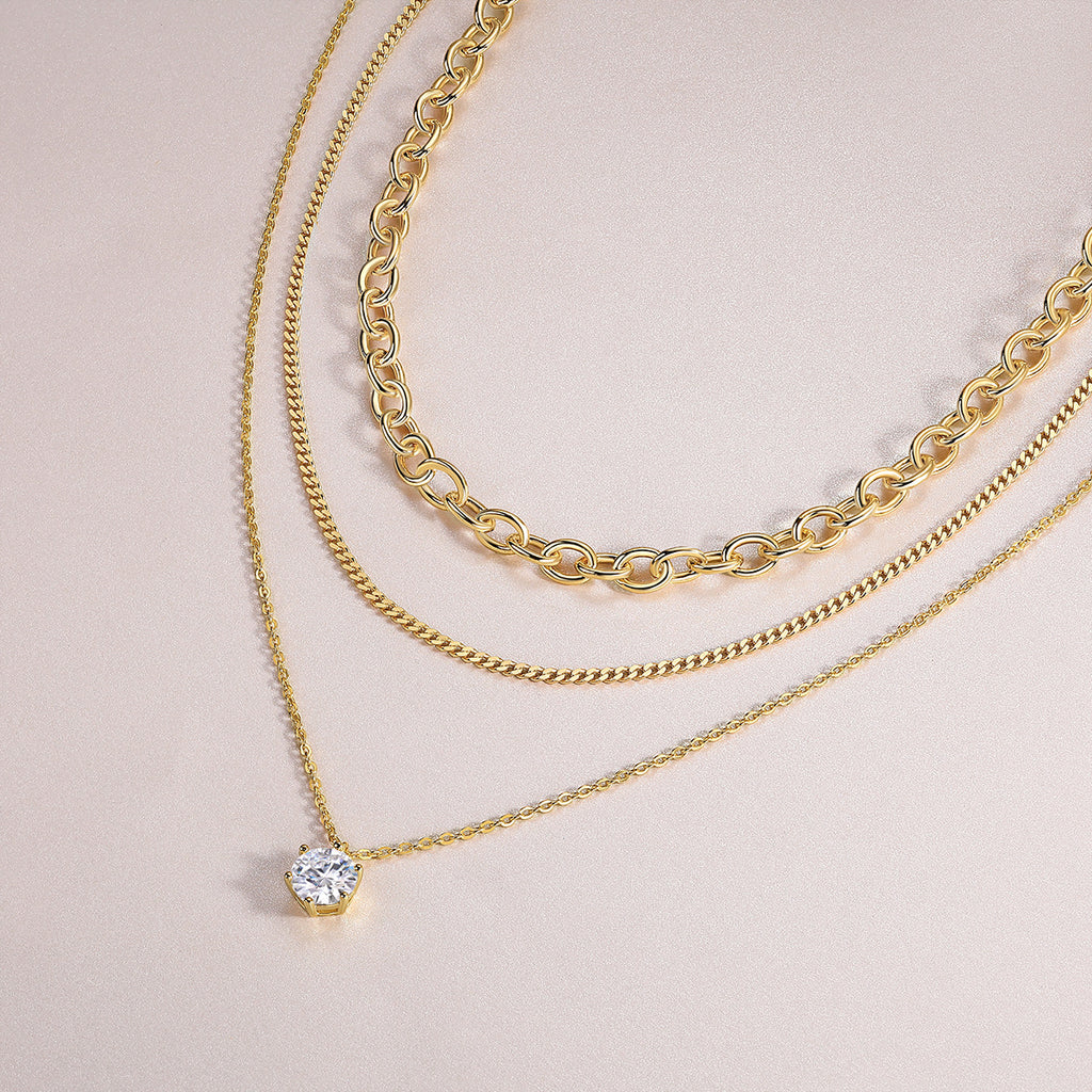 New 2 Carat Moissanite 3-Layer Stacked Necklace for Women S925 Sterling Silver Plated with 18K Gold