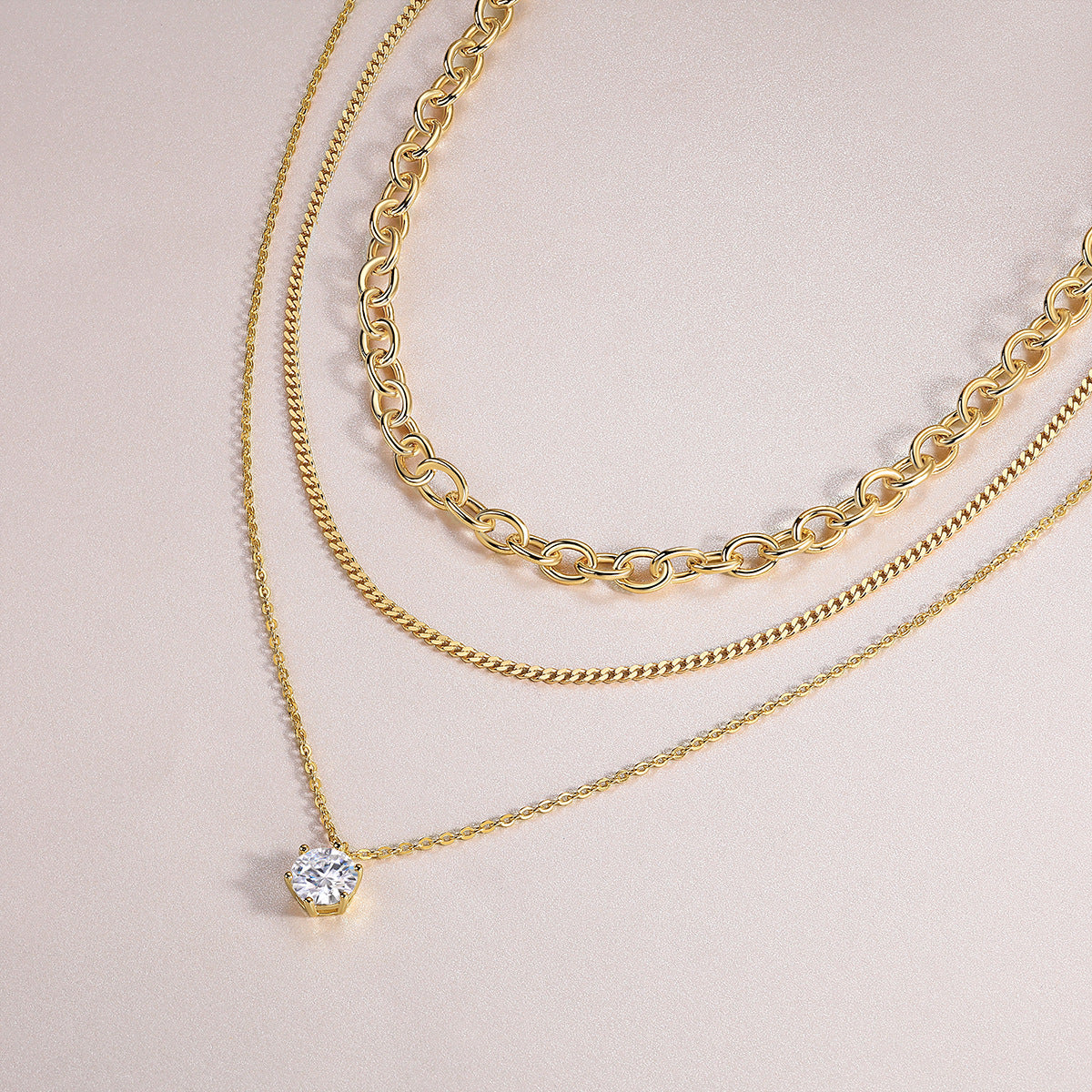 New 2 Carat Moissanite 3-Layer Stacked Necklace for Women S925 Sterling Silver Plated with 18K Gold