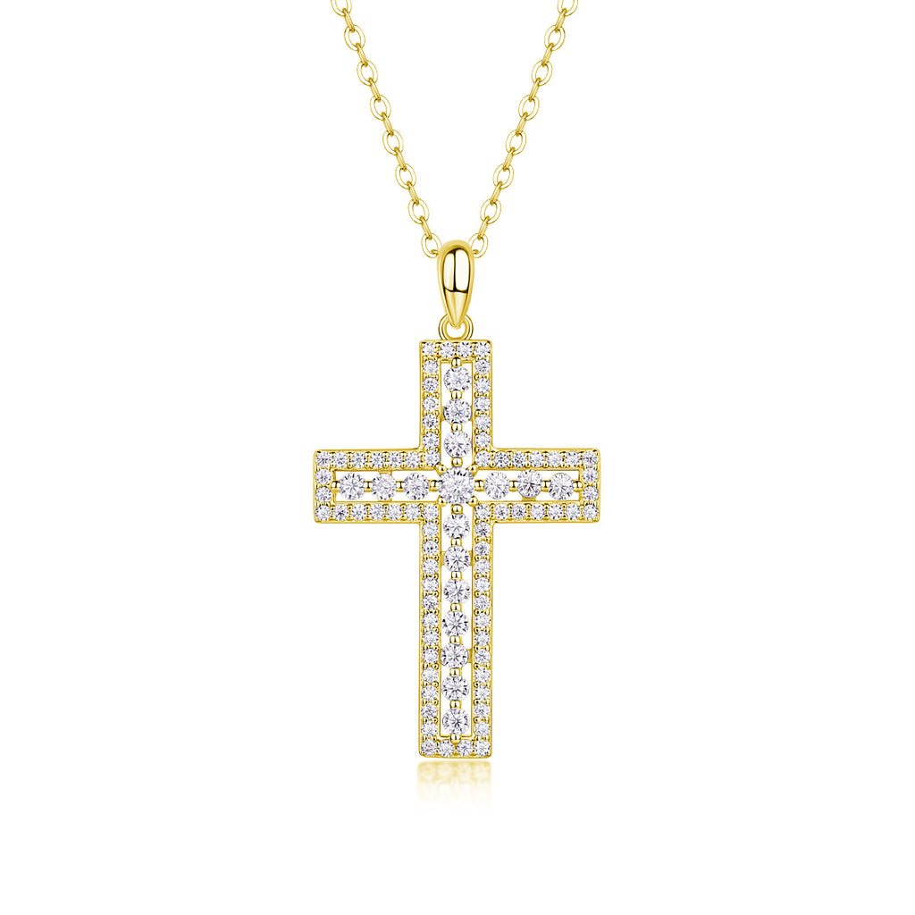 S925 Sterling Silver Plated with 18K Gold Moissanite Cross Pendant Diamon Necklac