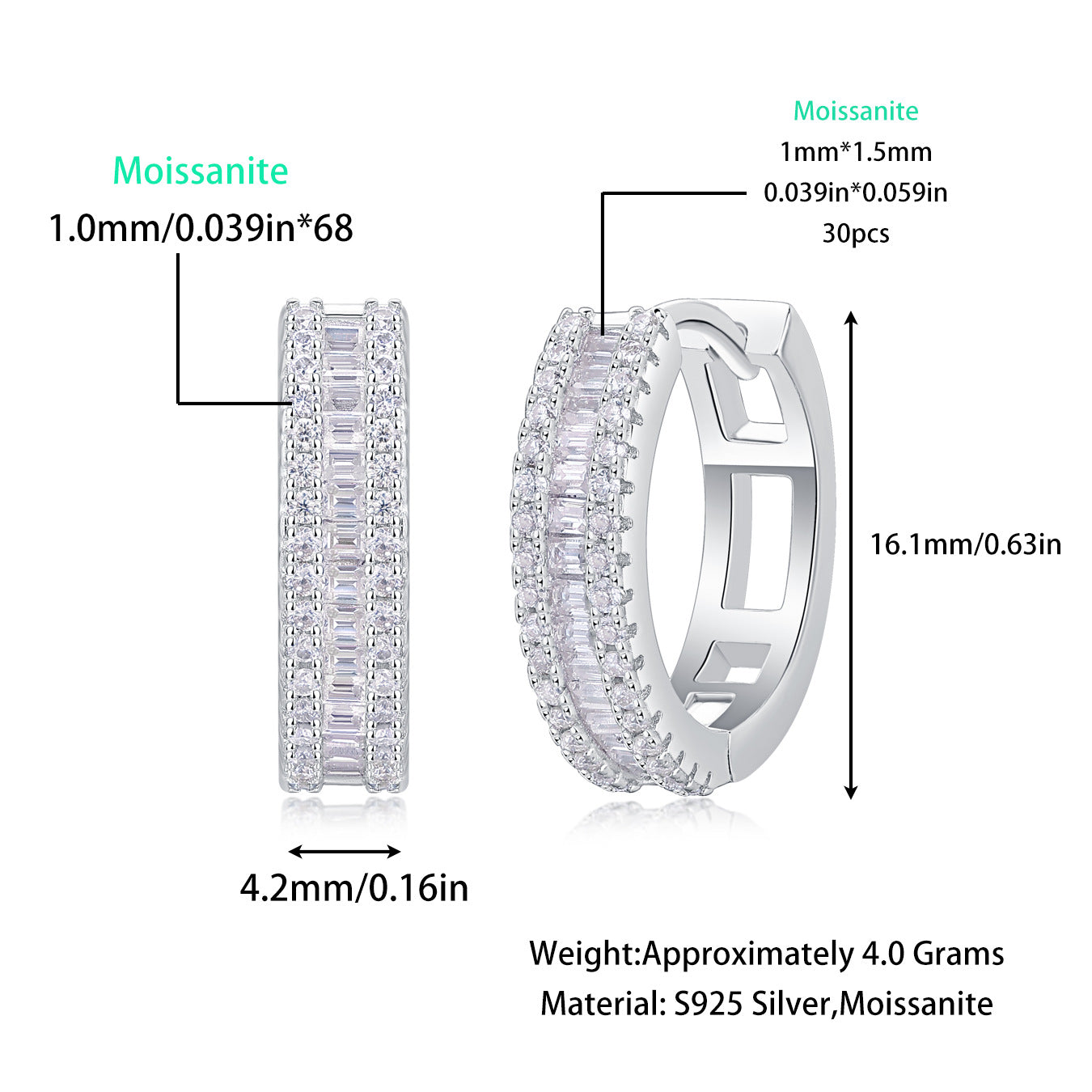 Moissanite Hoop Earrings for Women S925 18K Gold Plated