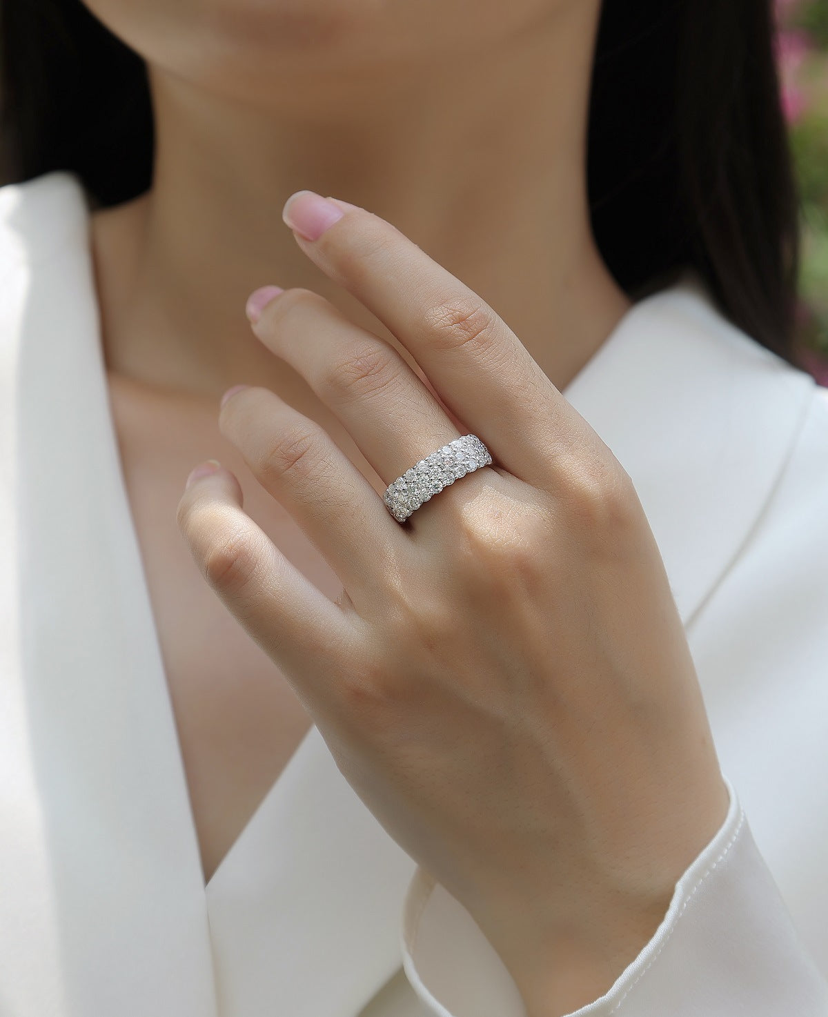 Three-Row Inlaid Moissanite Ring S925 Silver Plated with 18K Gold