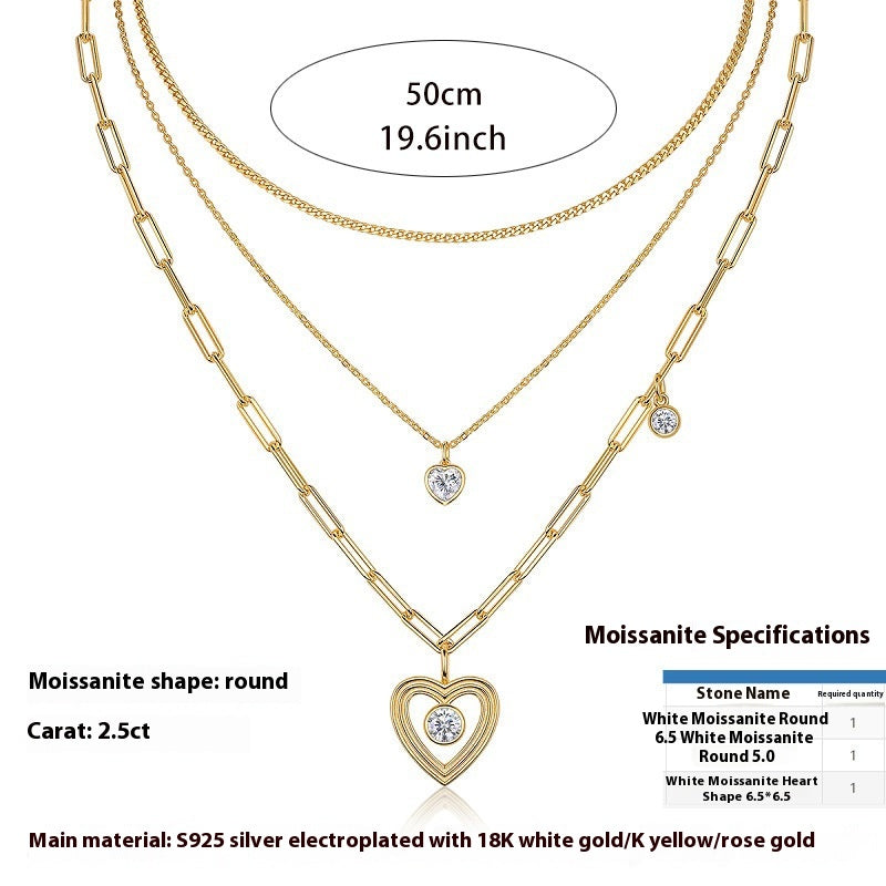 New Moissanite 3-Layer Stacked Necklace for Women S925 Sterling Silver Plated with 18K Gold