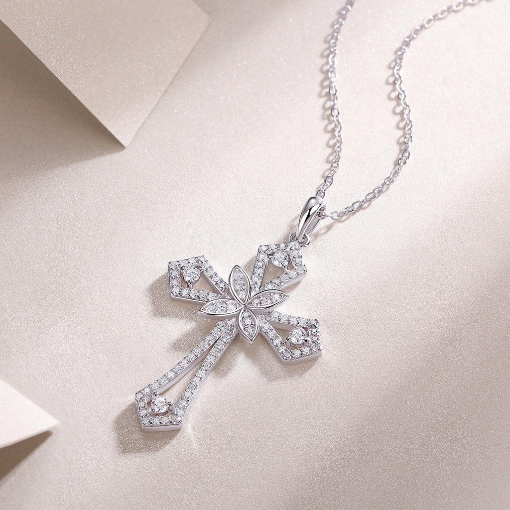 S925 Plated 18K Moissanite Cross Pendant Necklace for Women