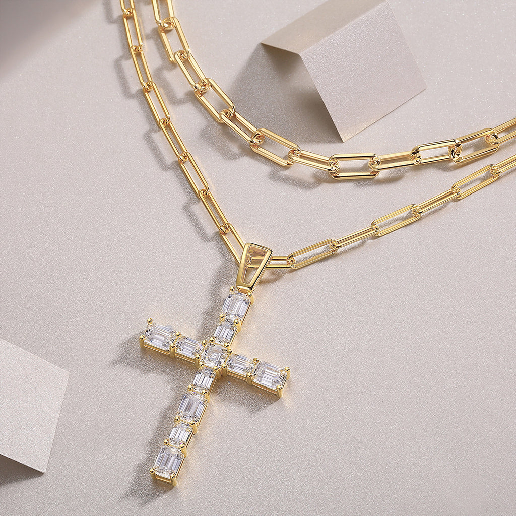 Cross Moissanite Pendant with 38g Pure Silver Plated 18K Gold Necklace For Women