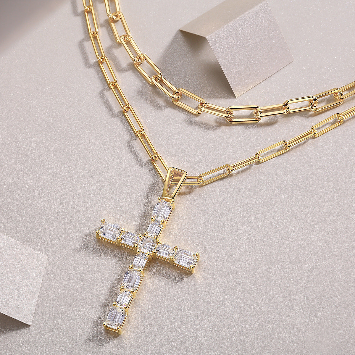 Cross Moissanite Pendant with 38g Pure Silver Plated 18K Gold Necklace For Women
