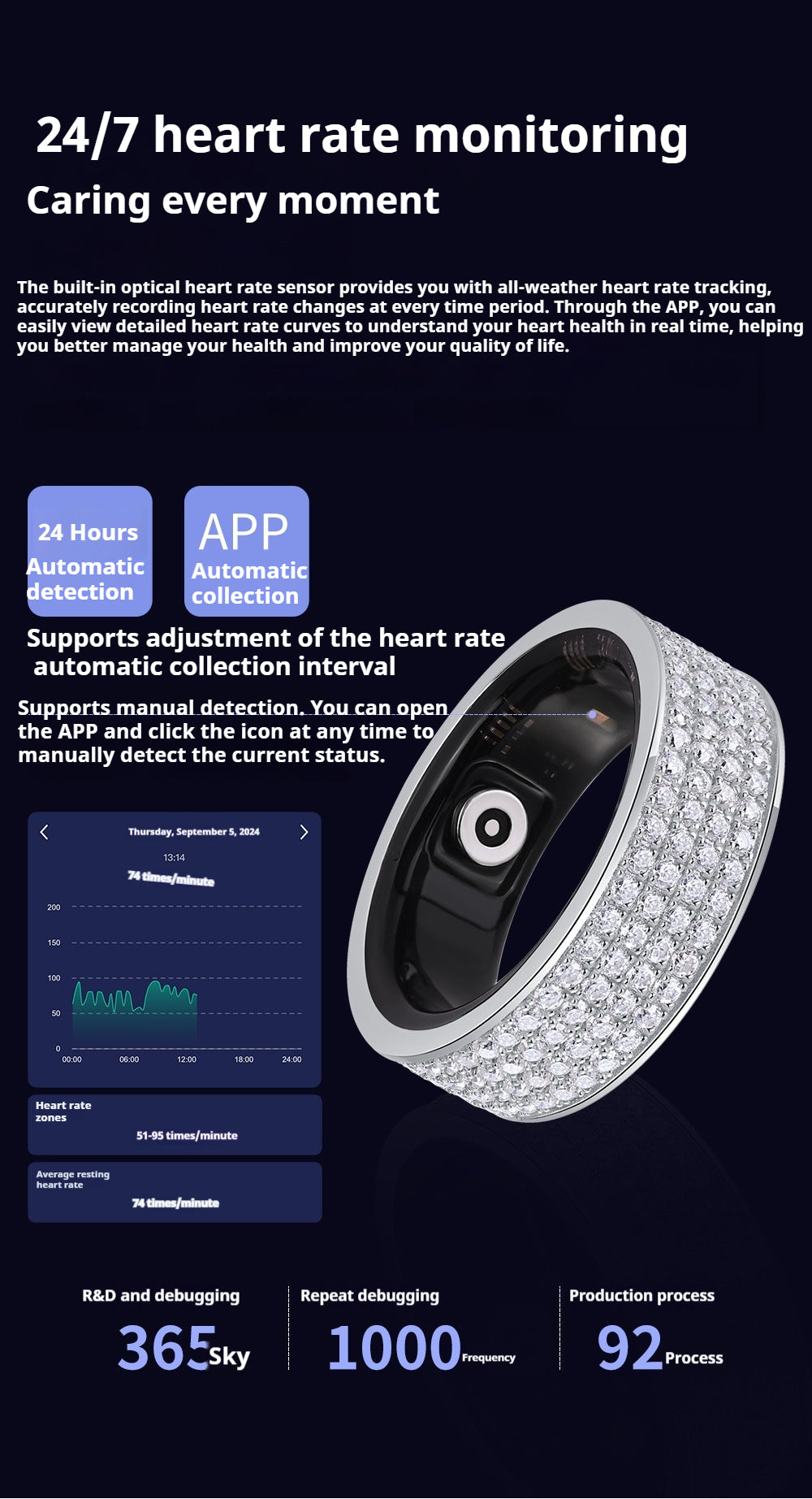 Health Star Smart Ring Integrated Blood Oxygen Monitoring S925 Silver Inlaid Moissanite Ring