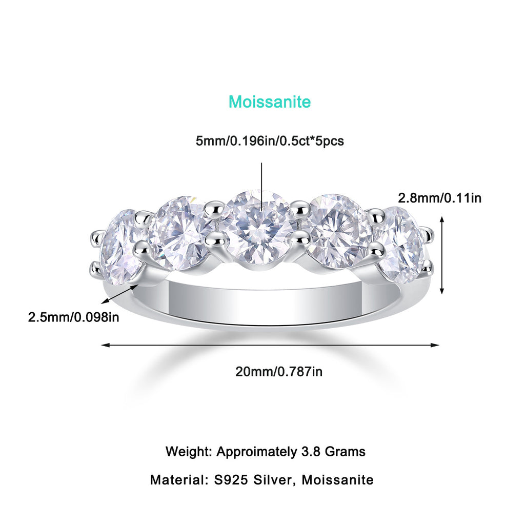 2.5 Carat Moissanite Single Row Inlaid Diamond 50 Points*5 Ring For Women