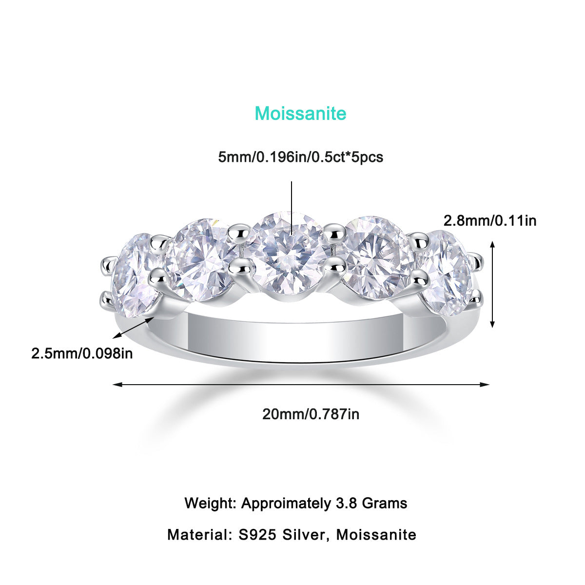 2.5 Carat Moissanite Single Row Inlaid Diamond 50 Points*5 Ring For Women