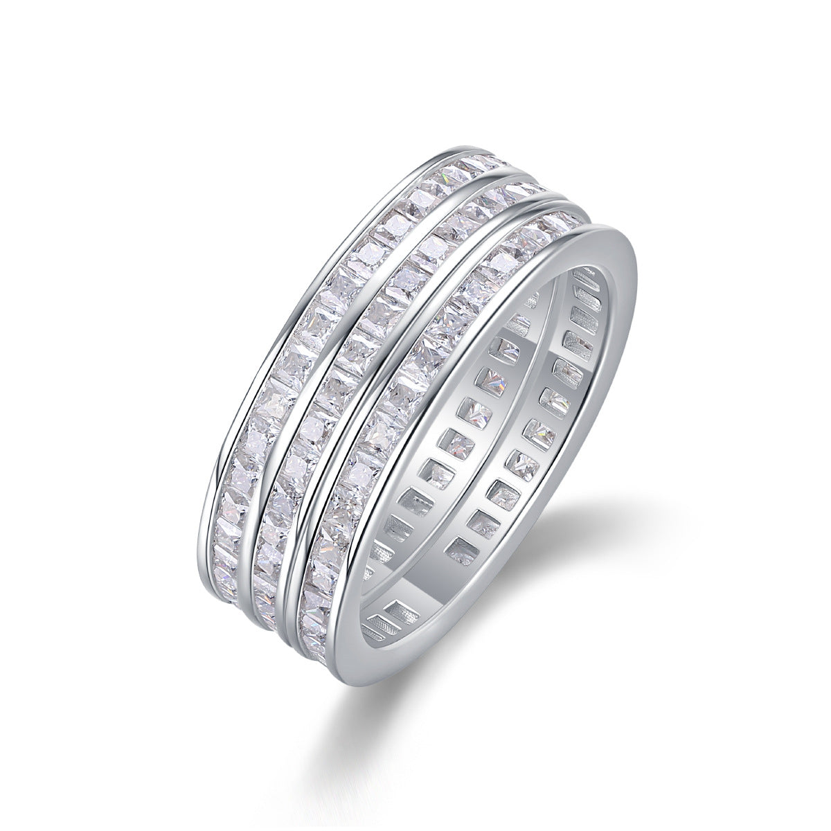 Men and Women Three-Layer Stacked Moissanite Ring S925 Plated with 18K White Gold