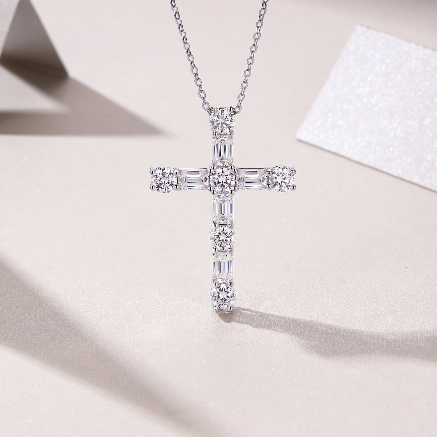 Moissanite Cross Pendant for Men and Women, Silver Plated with 18K White Gold (Necklace Not Included)