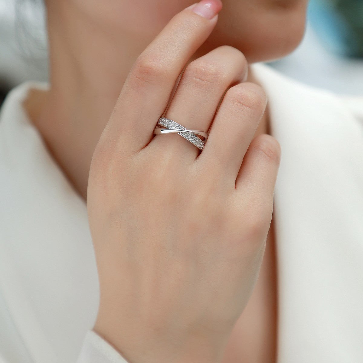Cross Surround Moissanite Diamond Ring Female S925 Silver Plated 18K White Gold