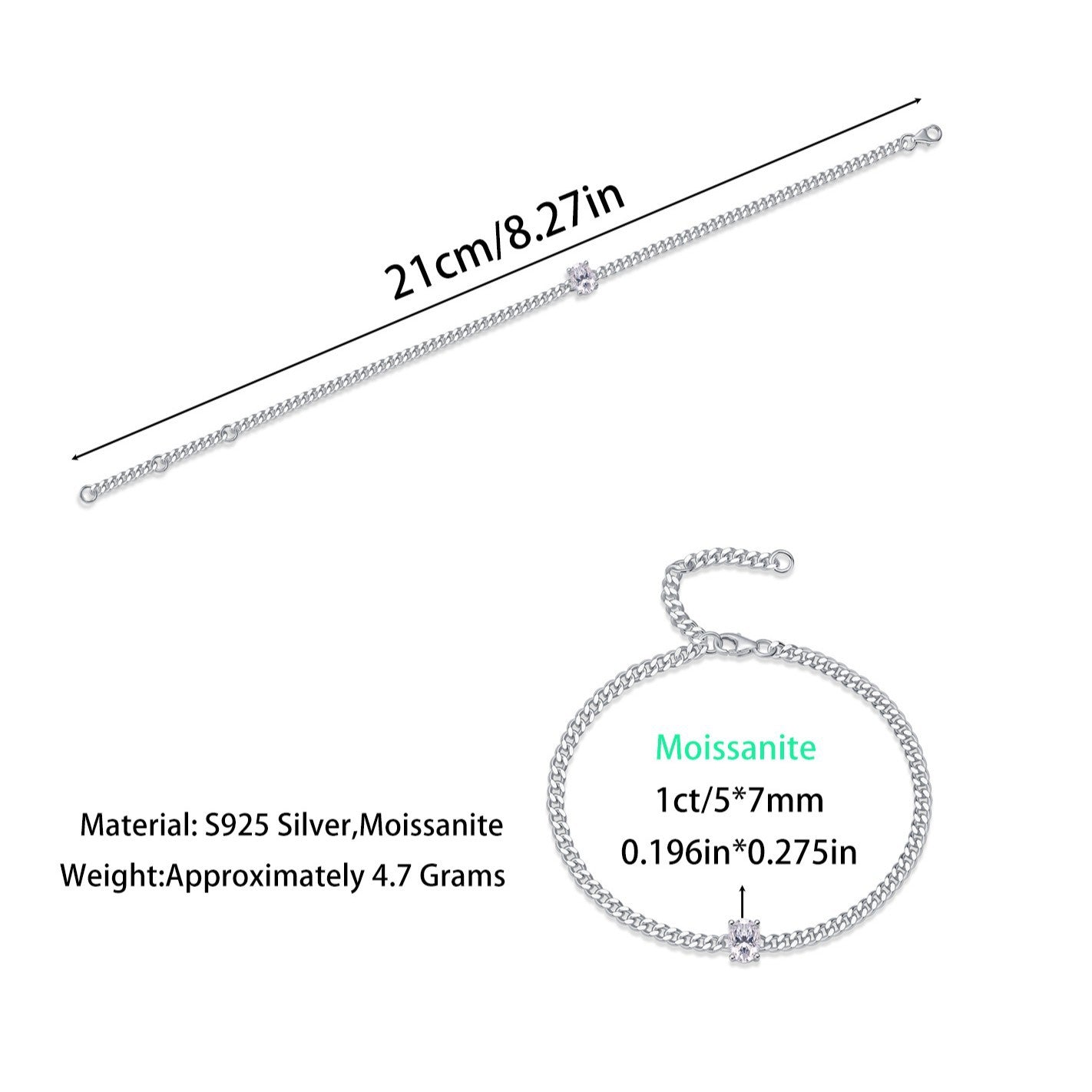 S925 Silver Plated with 18K White Gold 1CT Moissanite Cuban Tennis Bracelet for Men and Women,