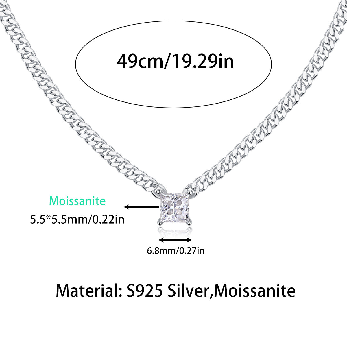 1.5CT Moissanite Cuban Clavicle Necklace for Women 10.7g S925 Silver Electroplated 18K White Gold