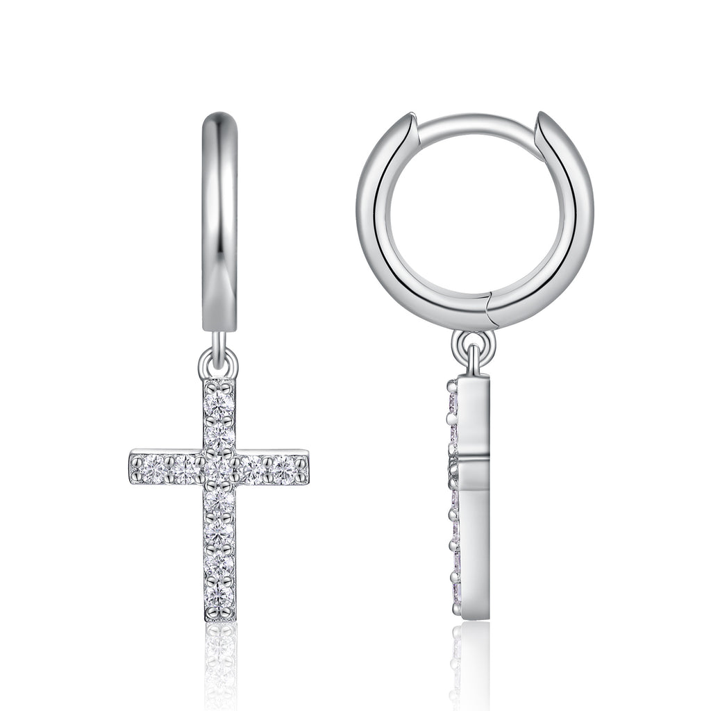 Unisex Moissanite Cross Earrings Studs S925 Silver Plated 18K White Gold