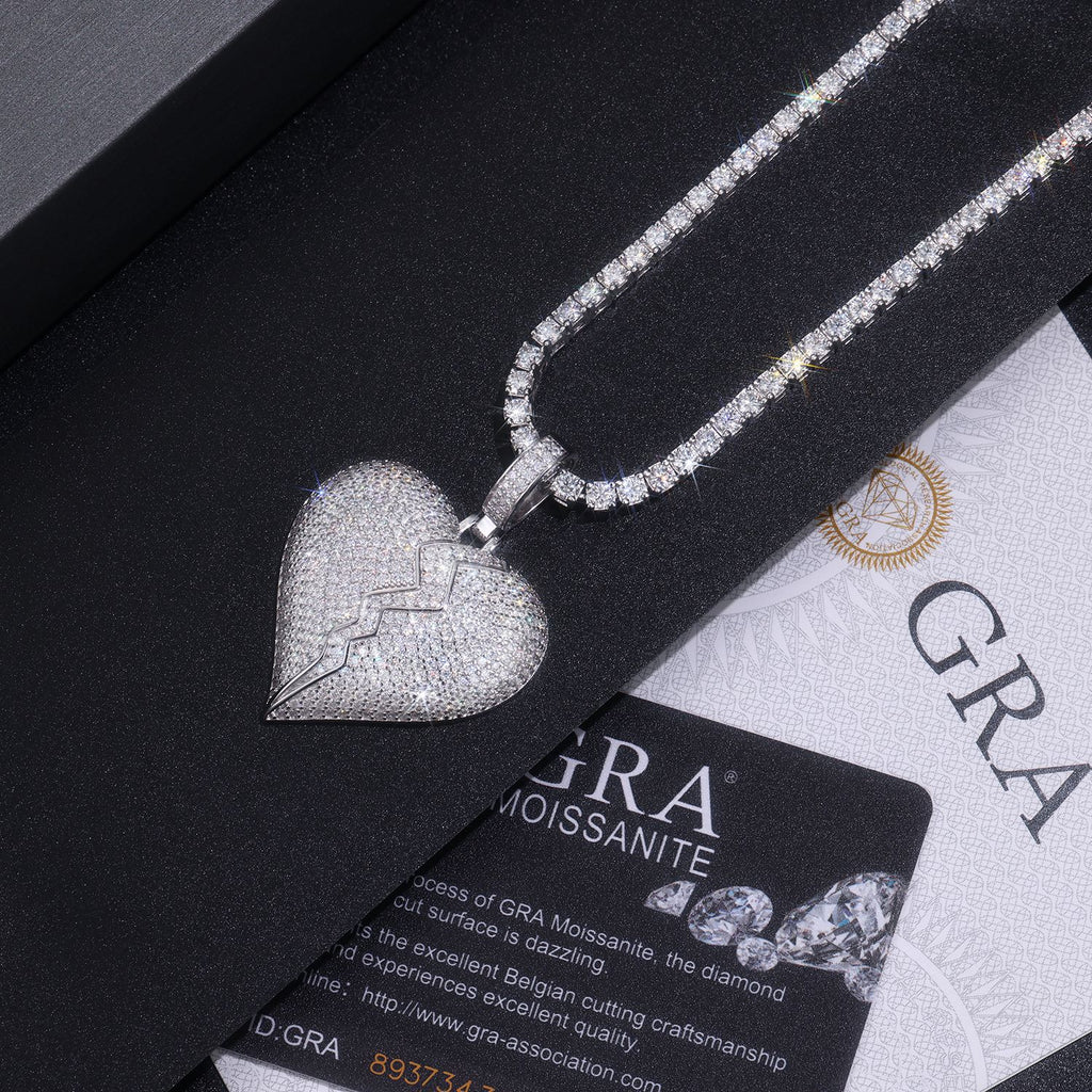 Moissanite Diamond Hip-Hop Heart of Break Pendant S925 Plated with 18K White Gold (Necklace Not Included)