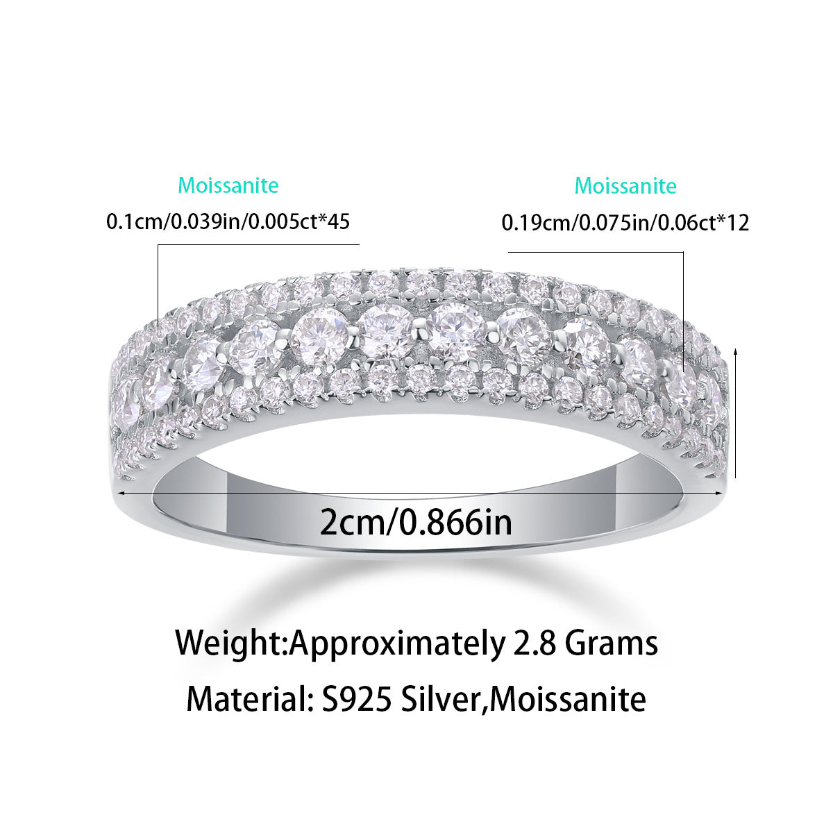 Moissanite Diamond Unisex Ring S925 Silver Plated 18K White Gold
