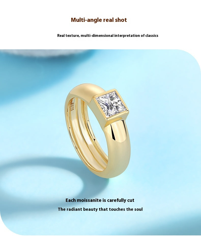 Minimalist Square Moissanite 925 Silver Ring Plated with 18K Gold