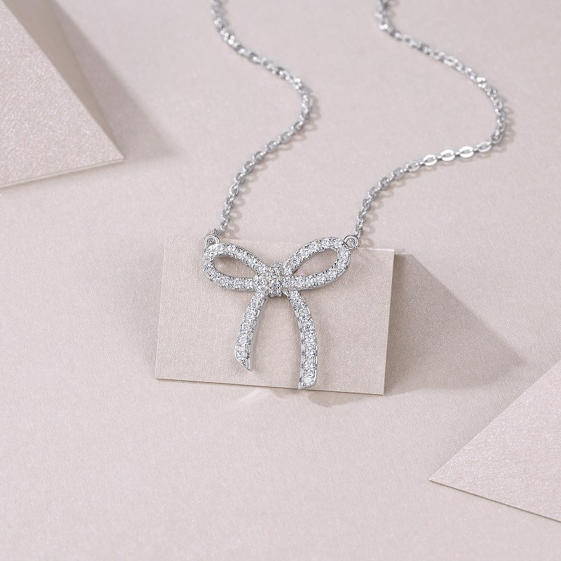 Moissanite S925 Sterling Silver Plated 18K White Gold Bowknot Necklace for Women