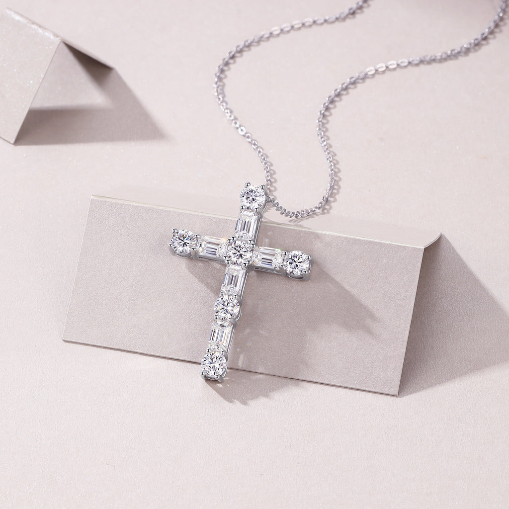 Moissanite Cross Pendant for Men and Women, Silver Plated with 18K White Gold (Necklace Not Included)