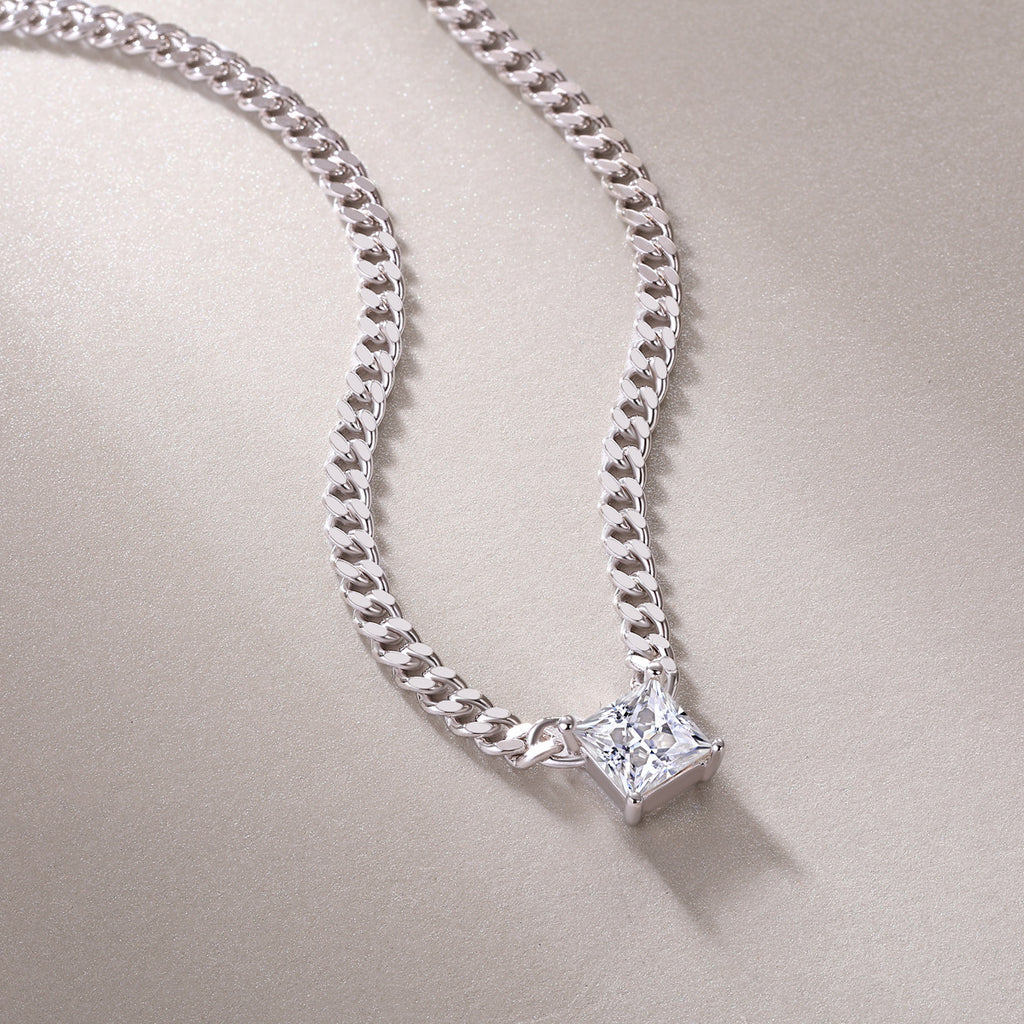 1.5CT Moissanite Cuban Clavicle Necklace for Women 10.7g S925 Silver Electroplated 18K White Gold