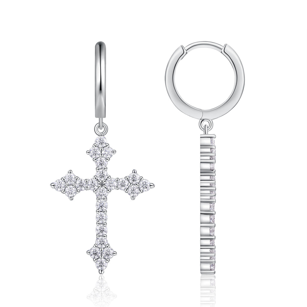 Moissanite Cross Earrings for Men and Women S925 Silver Plated with 18K White Gold