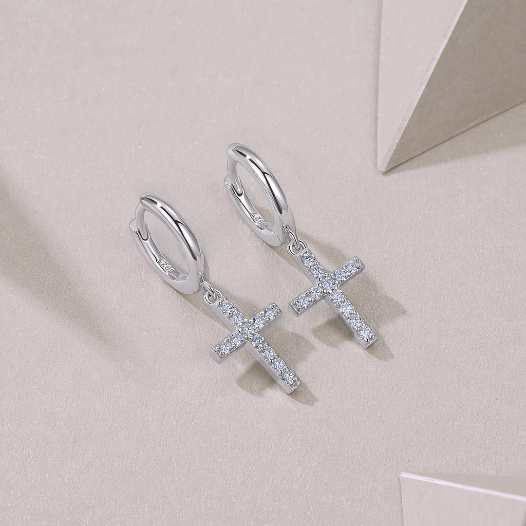 Unisex Moissanite Cross Earrings Studs S925 Silver Plated 18K White Gold