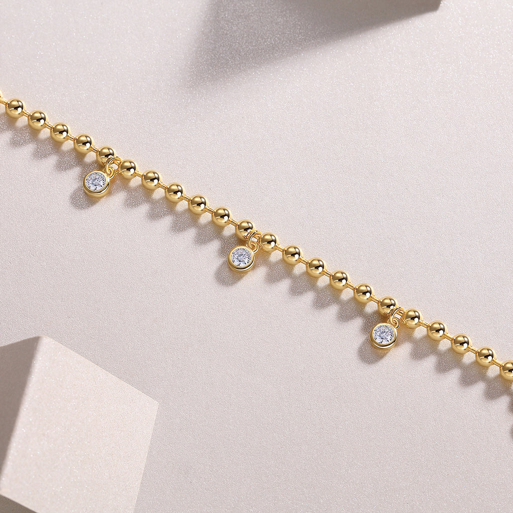S925 Sterling Silver Inlaid Moissanite Round Bead 18K Gold Plated Bracelet