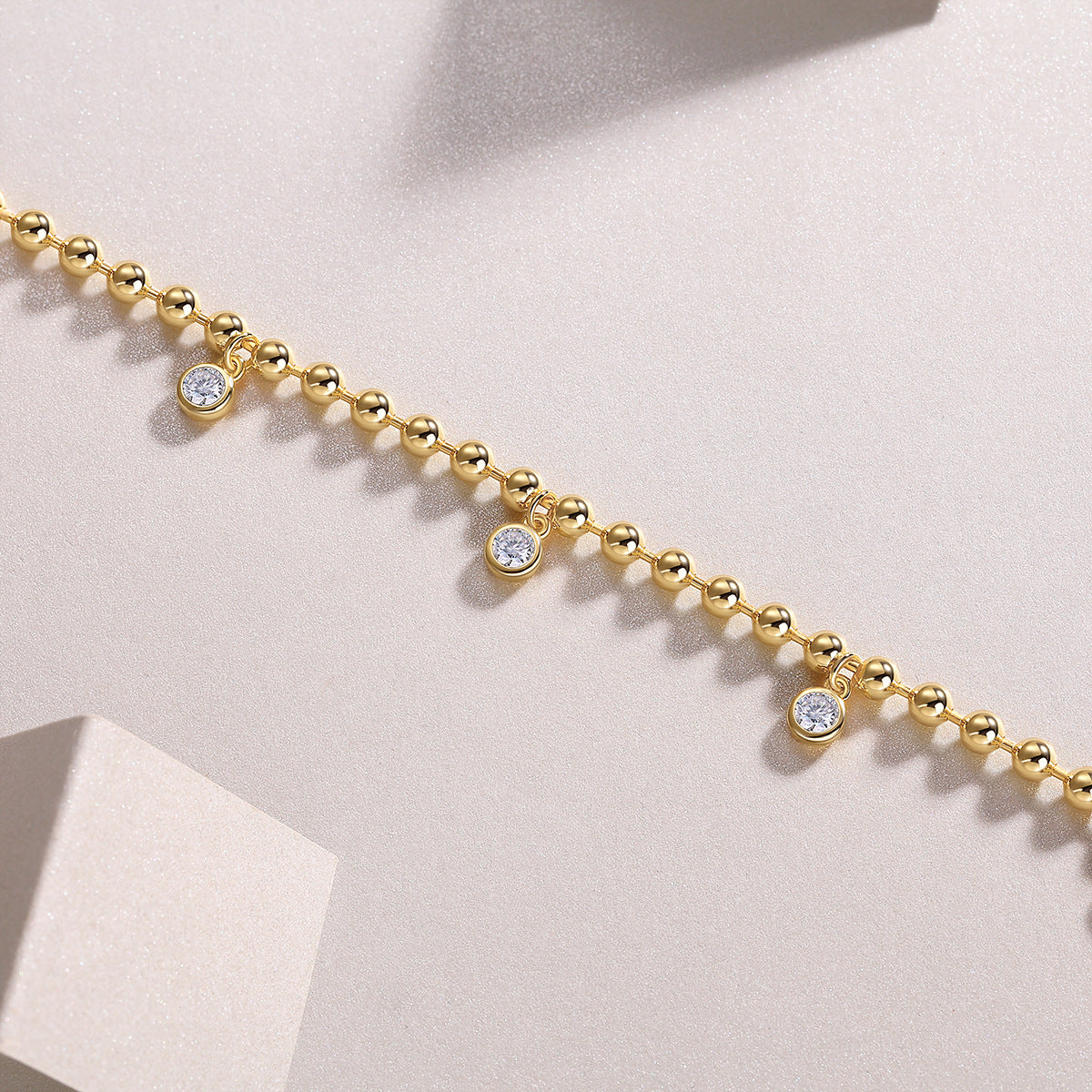 S925 Sterling Silver Inlaid Moissanite Round Bead 18K Gold Plated Bracelet