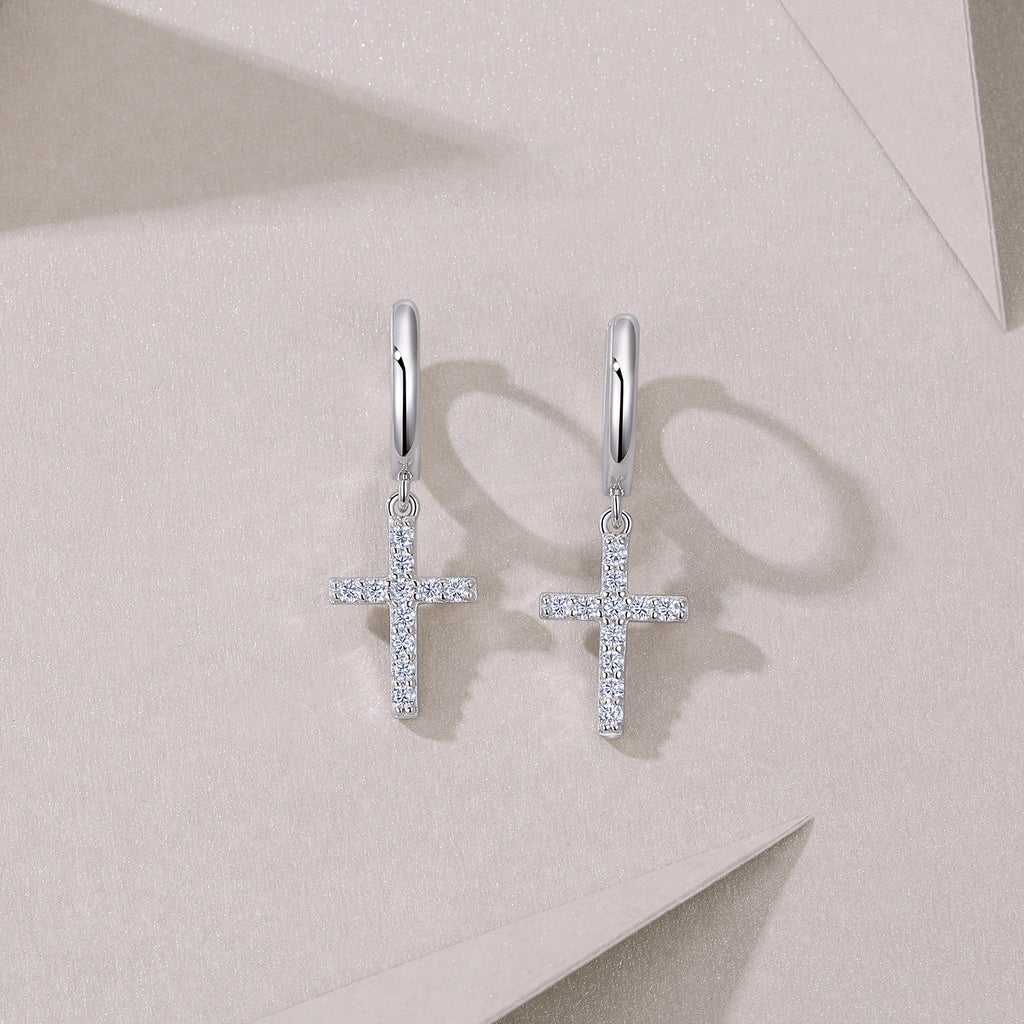 Unisex Moissanite Cross Earrings Studs S925 Silver Plated 18K White Gold