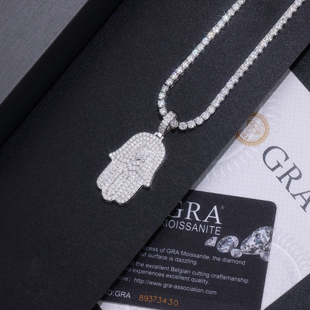 Men's Moissanite Hip-Hop Palm Pendant S925 Silver Plated with 18K White Gold (Necklace Not Included)