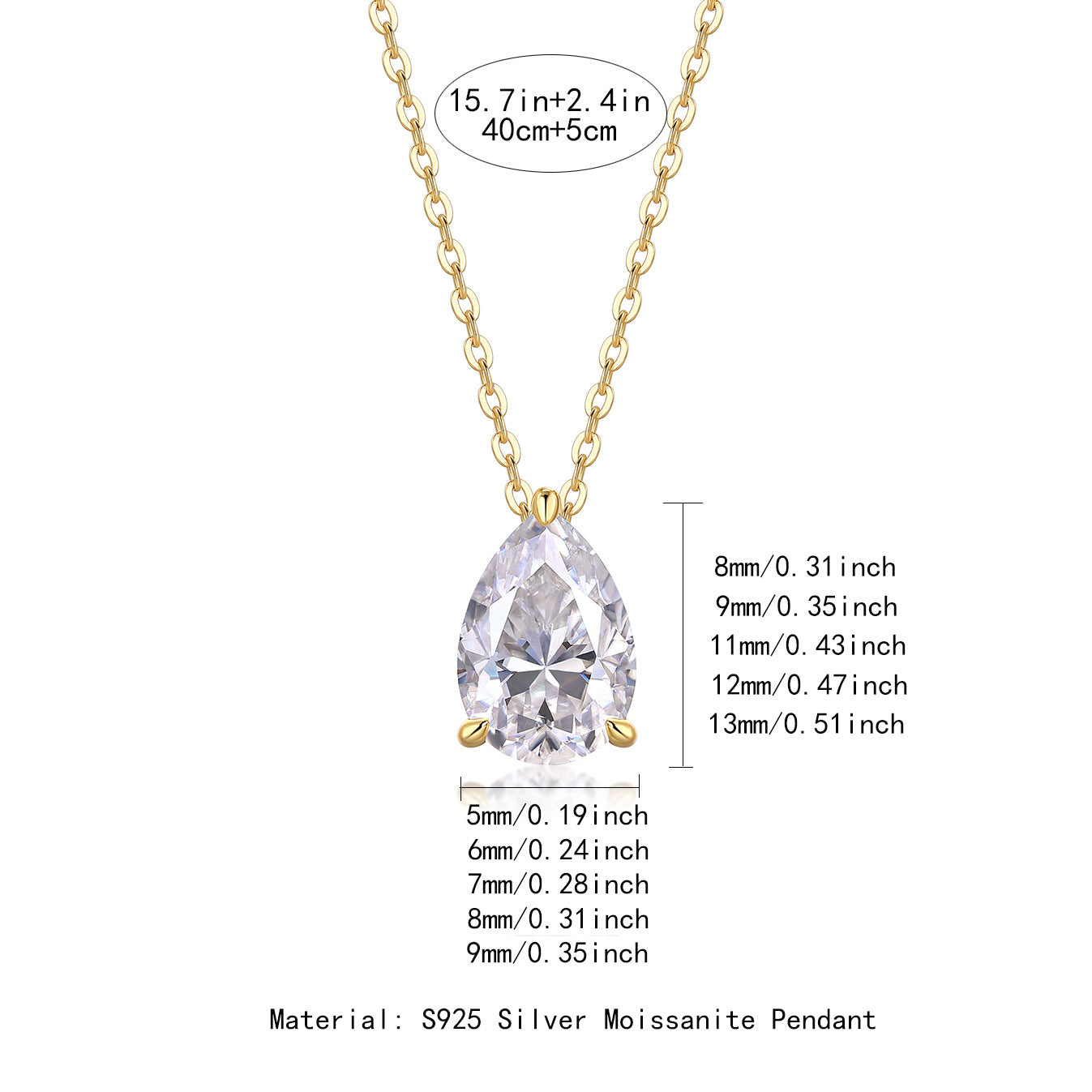 Pear-Shaped Moissanite Pendant Gold Necklace S925 Sterling Silver Plated with 18K Gold