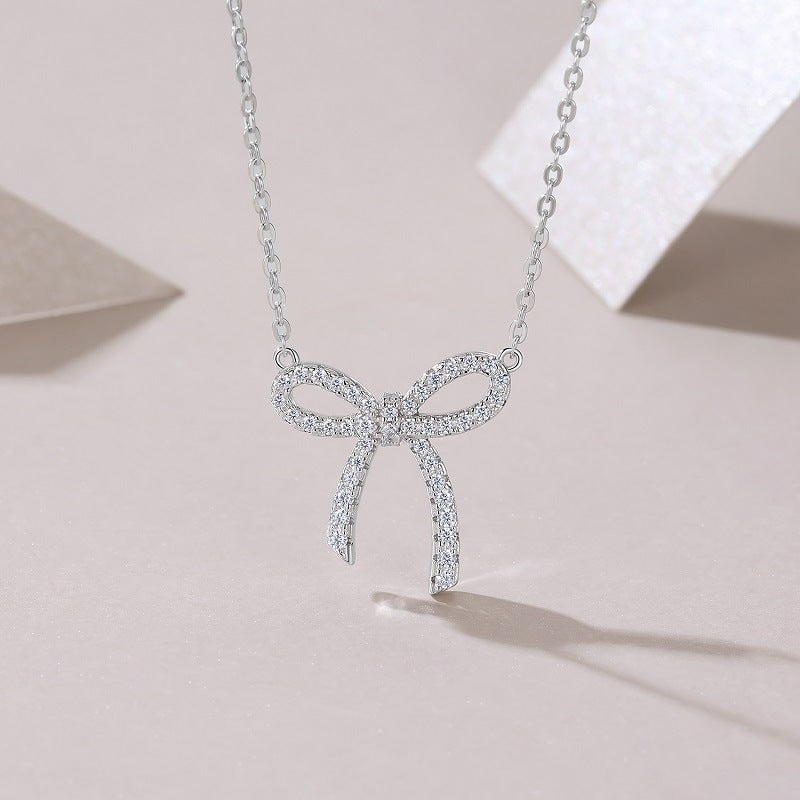 Moissanite S925 Sterling Silver Plated 18K White Gold Bowknot Necklace for Women
