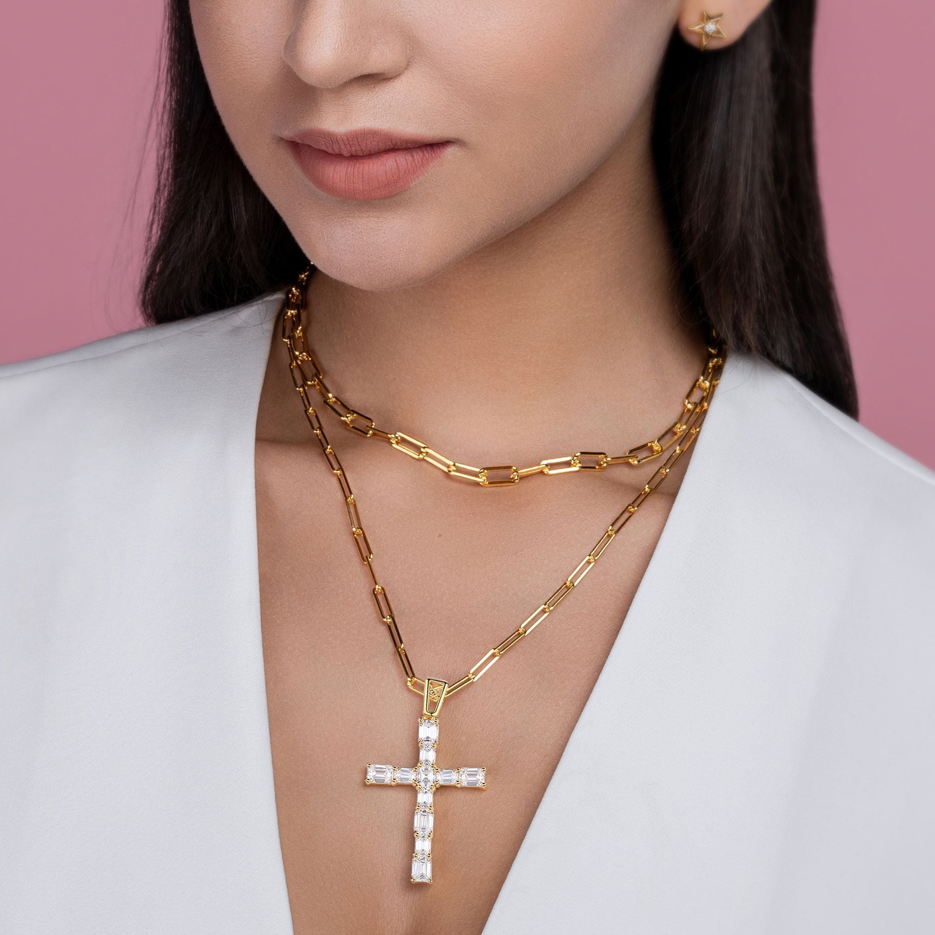 Cross Moissanite Pendant with 38g Pure Silver Plated 18K Gold Necklace For Women