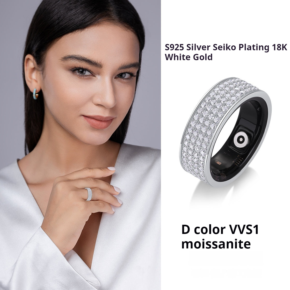 Health Star Smart Ring Integrated Blood Oxygen Monitoring S925 Silver Inlaid Moissanite Ring